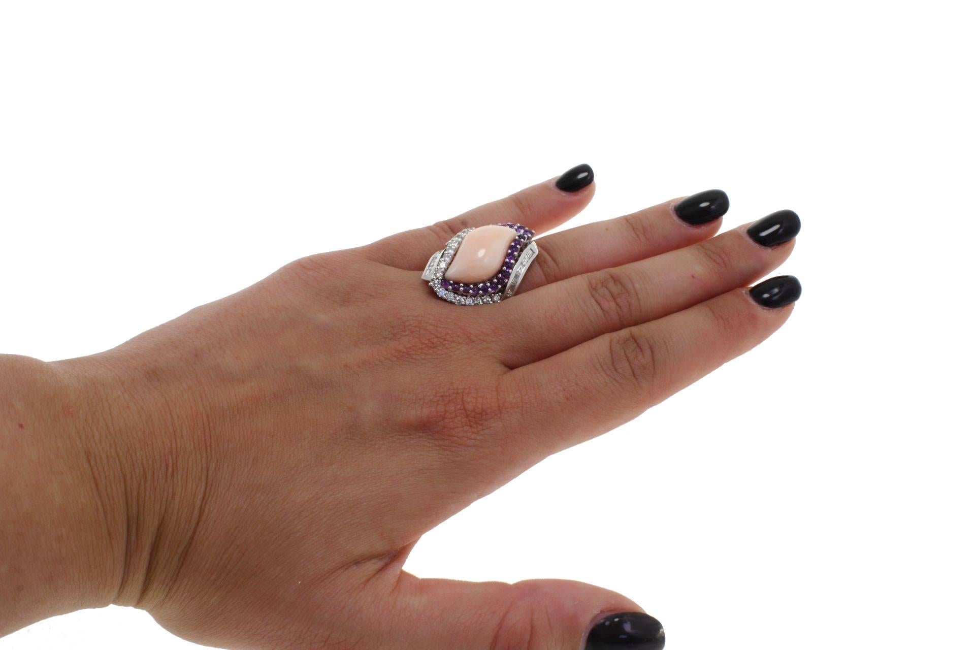 Brilliant Cut  Gold Diamond Coral Amethyst Cocktail Ring For Sale