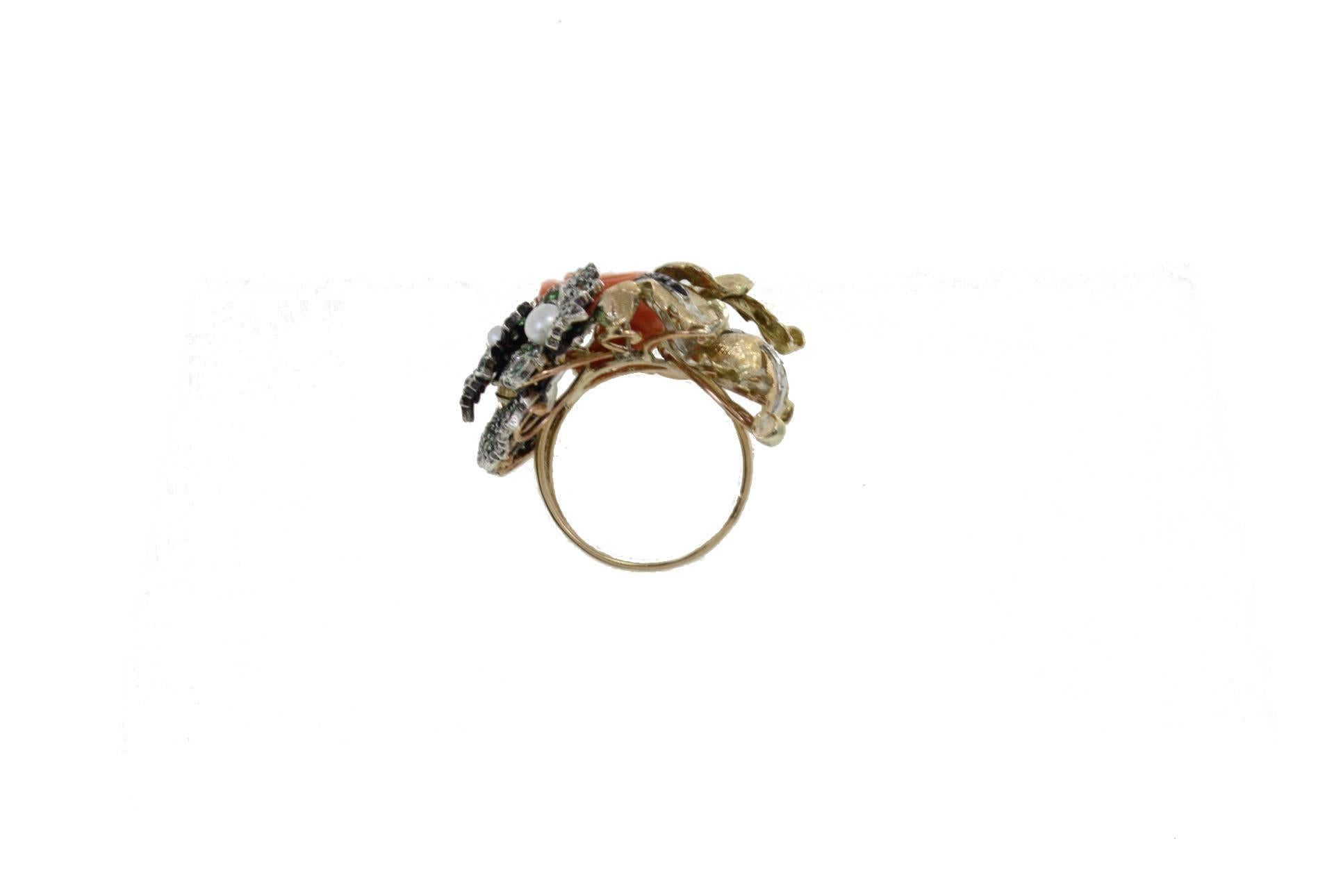 Rose Cut Gold and Silver Diamond Tsavorite Pearl Coral Cocktail Ring For Sale