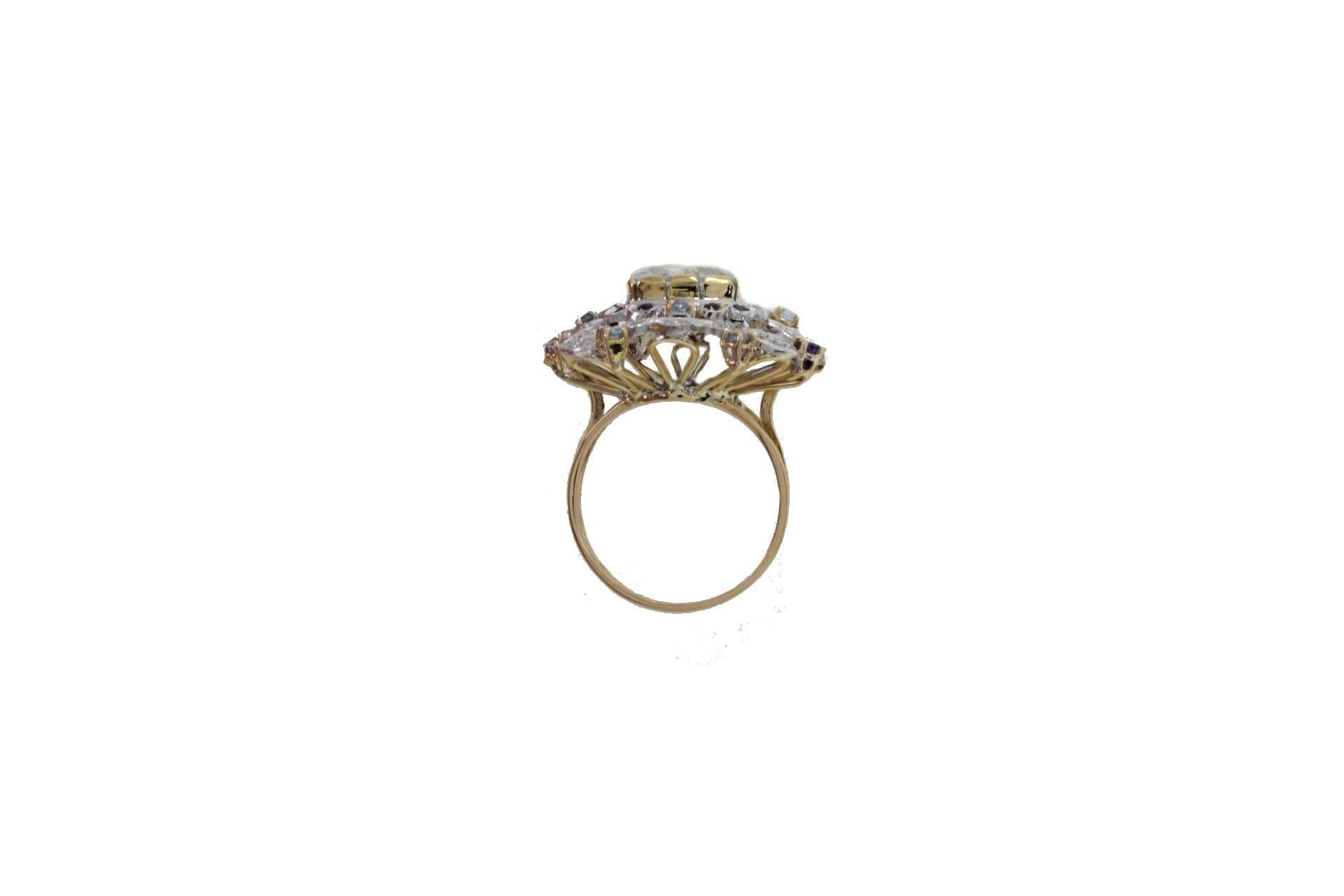 Retro  Gold Diamond Sapphire Aquamarine Cocktail Ring