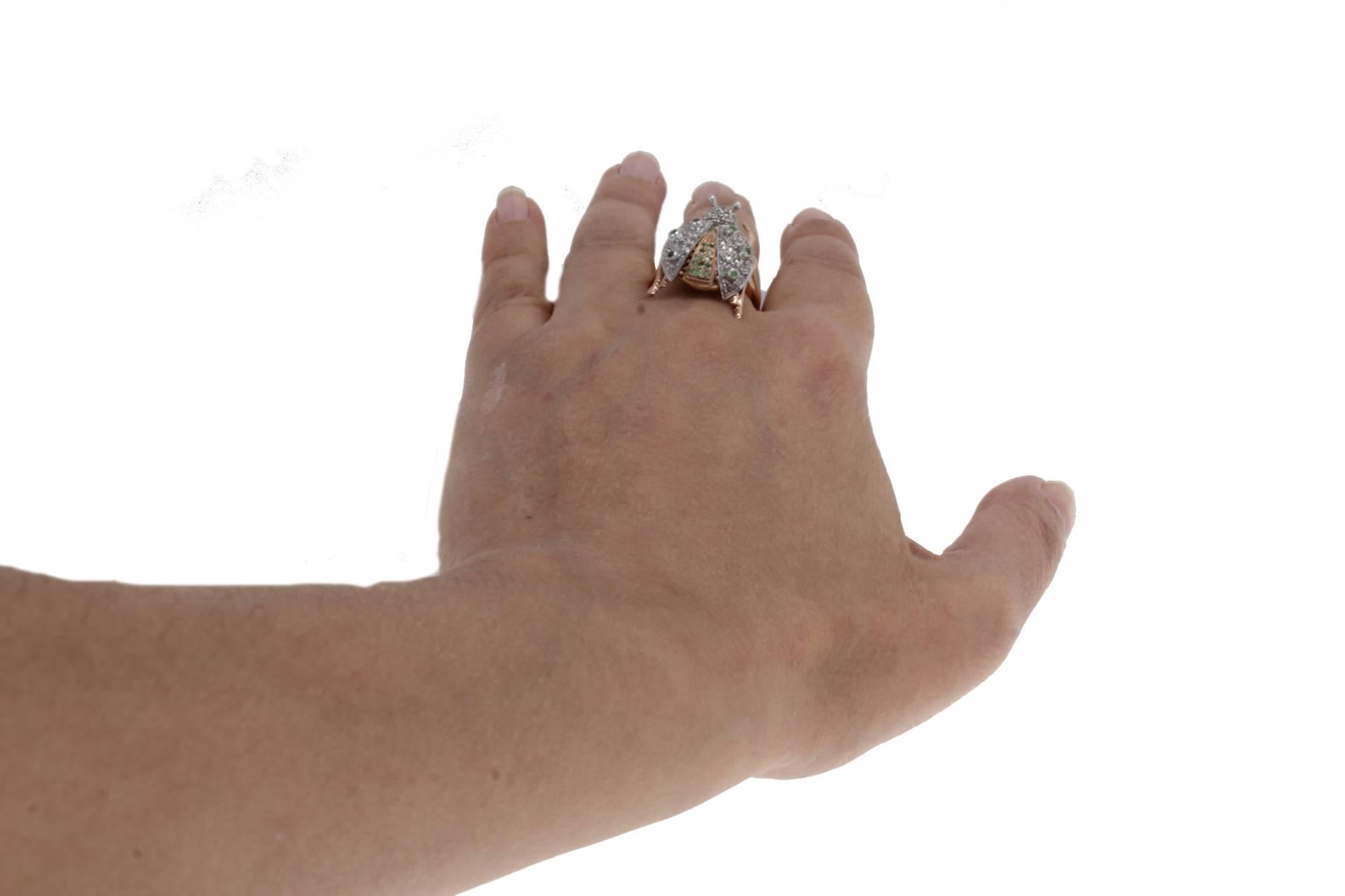 Tsavorite Diamond Silver Rose Gold Ladybug Fashion Ring In Good Condition In Marcianise, Marcianise (CE)