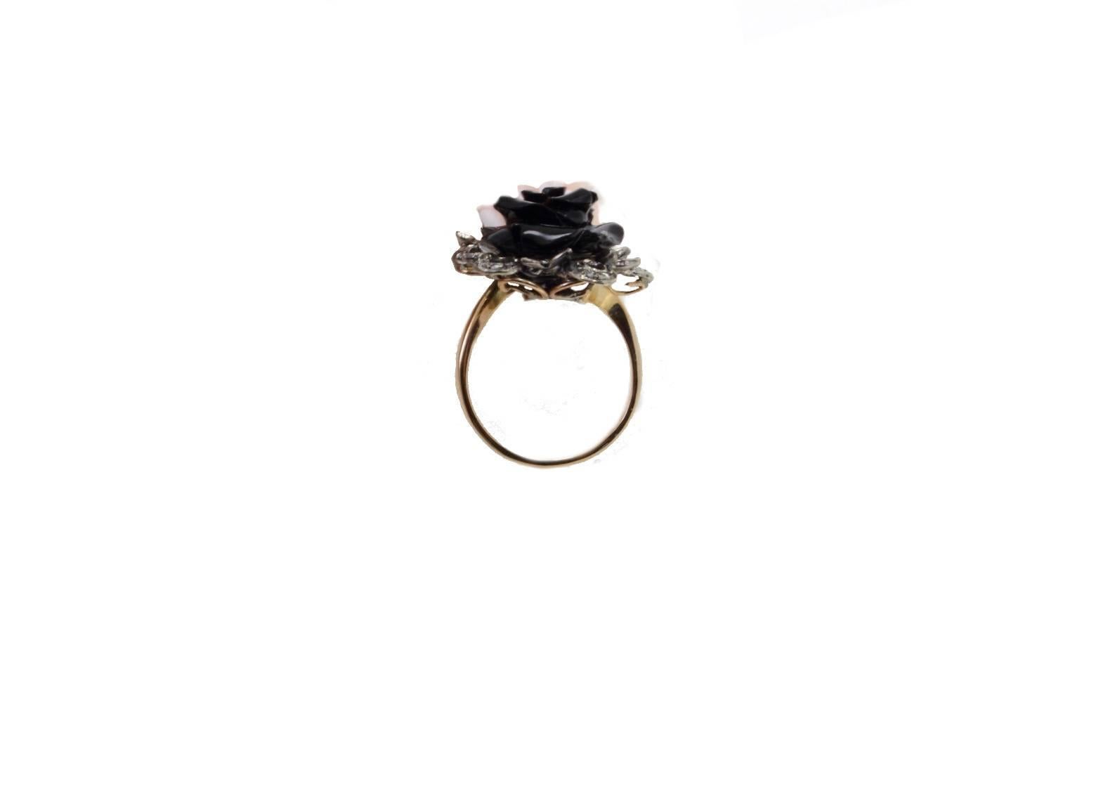 Retro Diamond Emerald Pink and Black Coral Roses Rose Gold and Silver Fashion Ring
