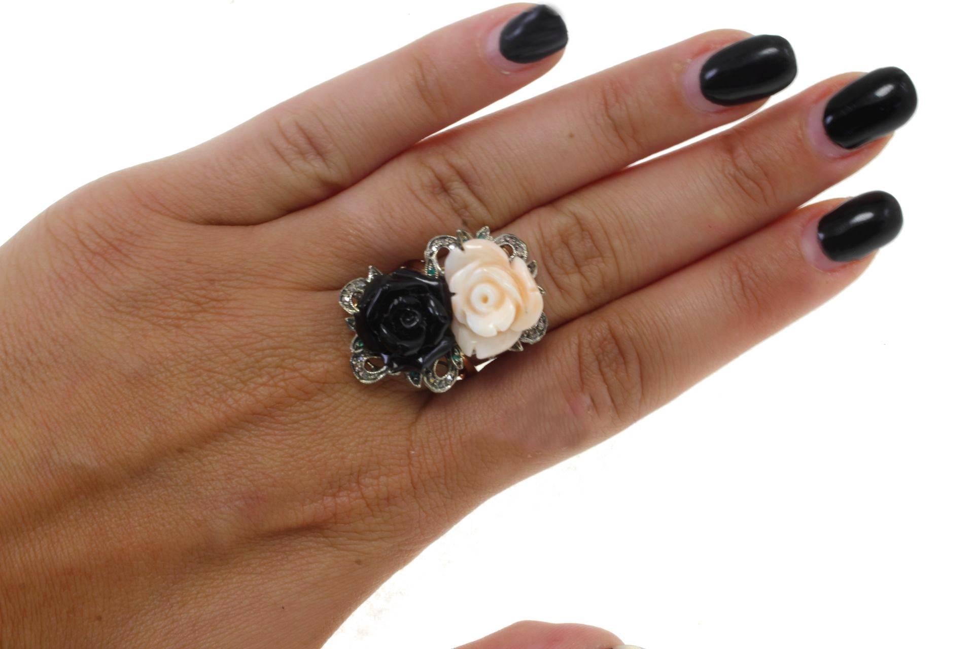 Women's Diamond Emerald Pink and Black Coral Roses Rose Gold and Silver Fashion Ring
