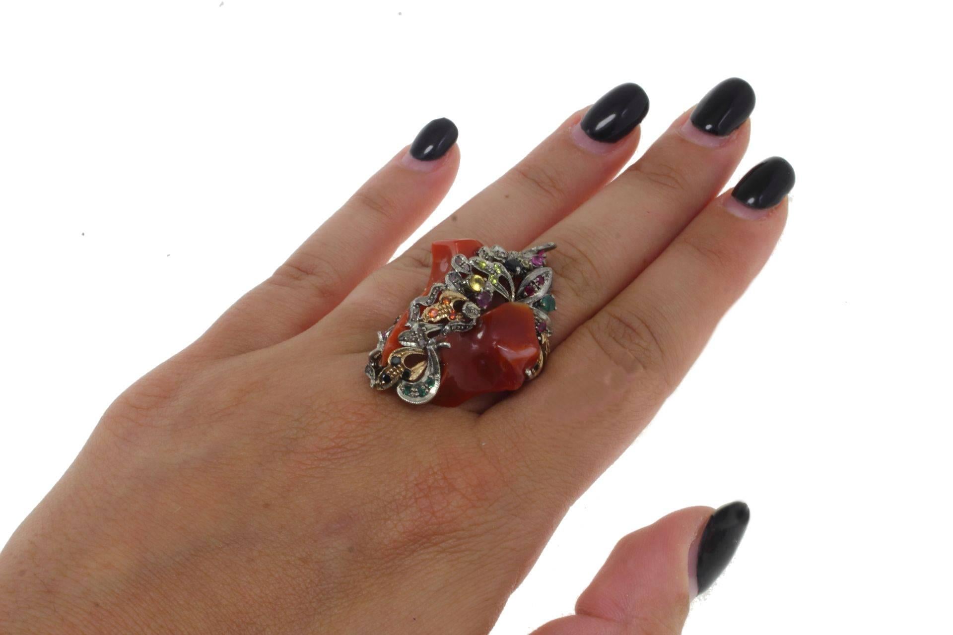 Mixed Cut  Gold Silver Diamond Sapphire Coral Ruby Emerald Cocktail Ring