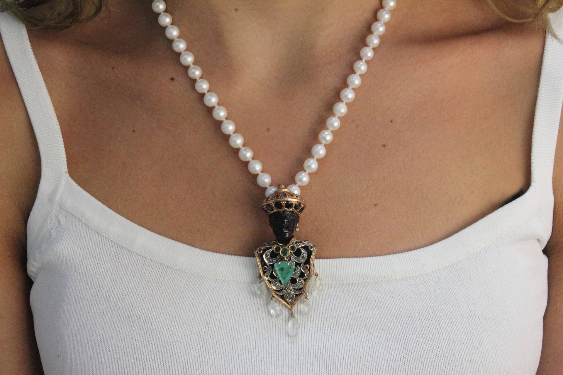 Retro  Sapphire Ruby Emerald Diamond  Moretti Pendant and Beaded Gold Necklace