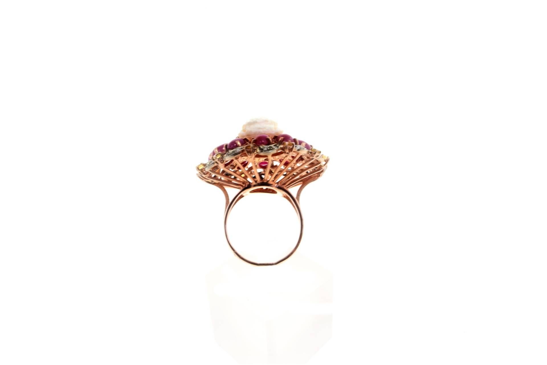 Retro  Gold Silver Diamond Ruby Topaz Cameo Cocktail Ring For Sale