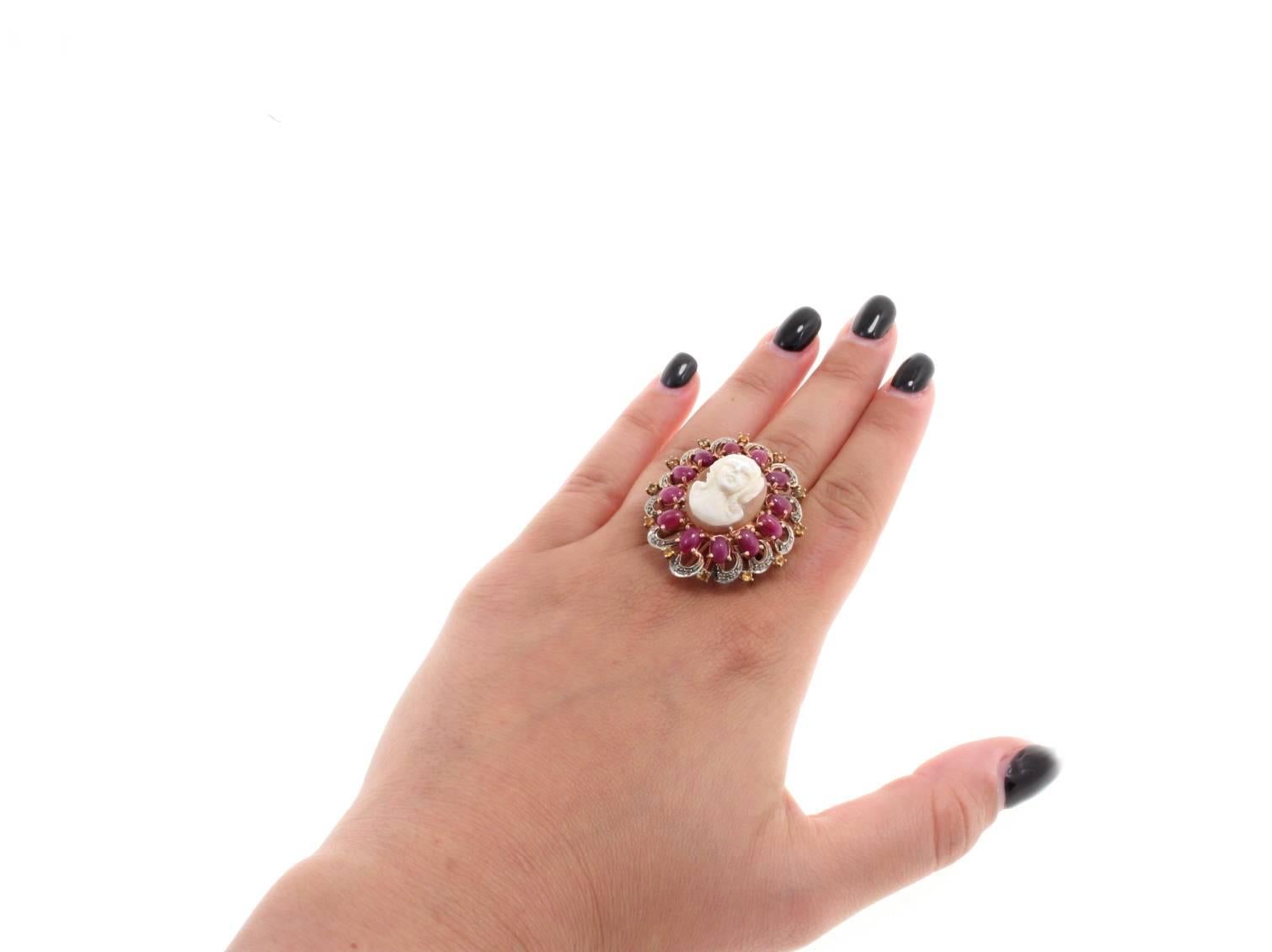 Rose Cut Gold Silver Diamond Ruby Topaz Cameo Cocktail Ring For Sale