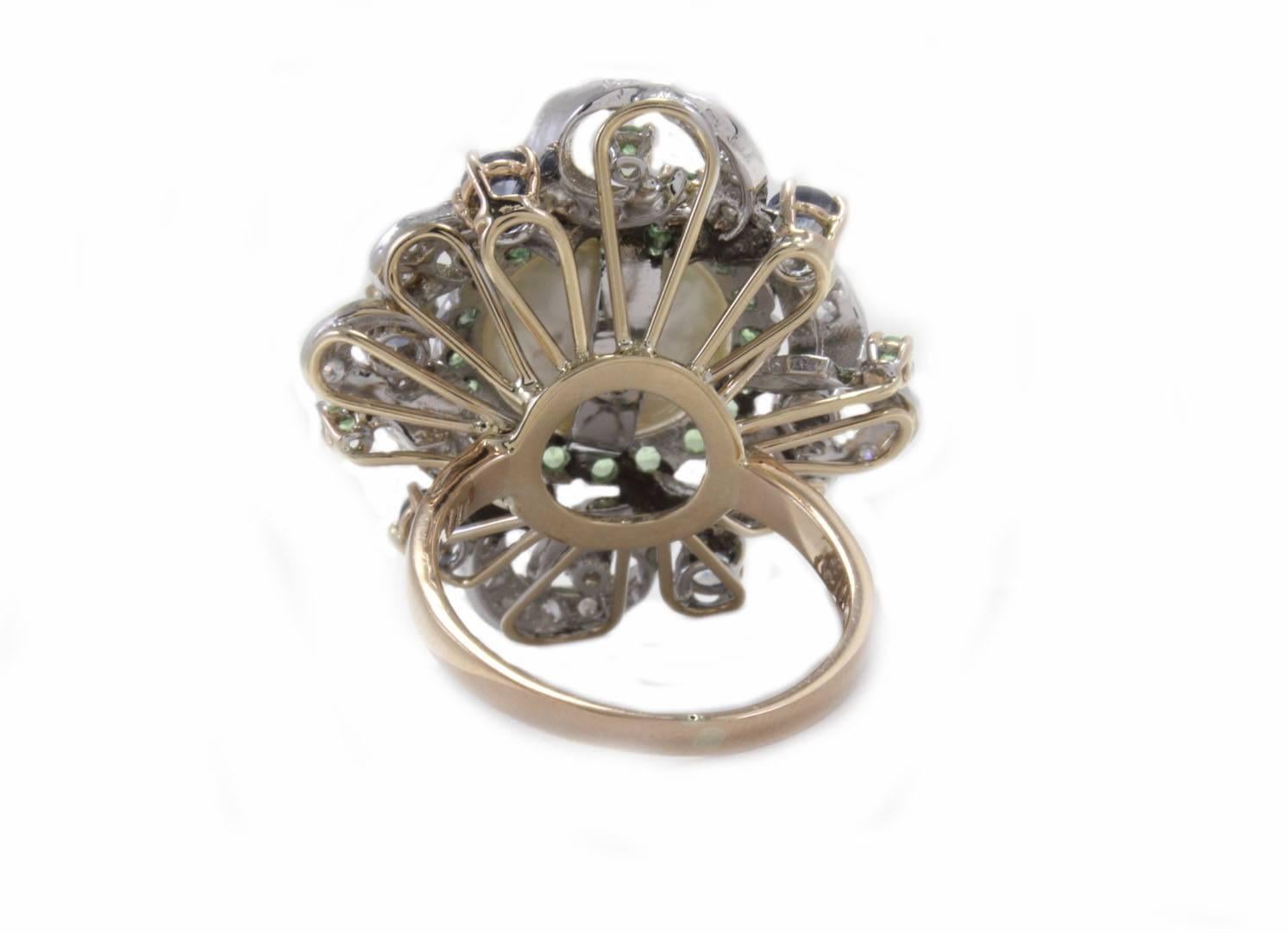 Retro Tsavorite Australian Pearl Blue Sapphire Diamond gold Cluster Ring