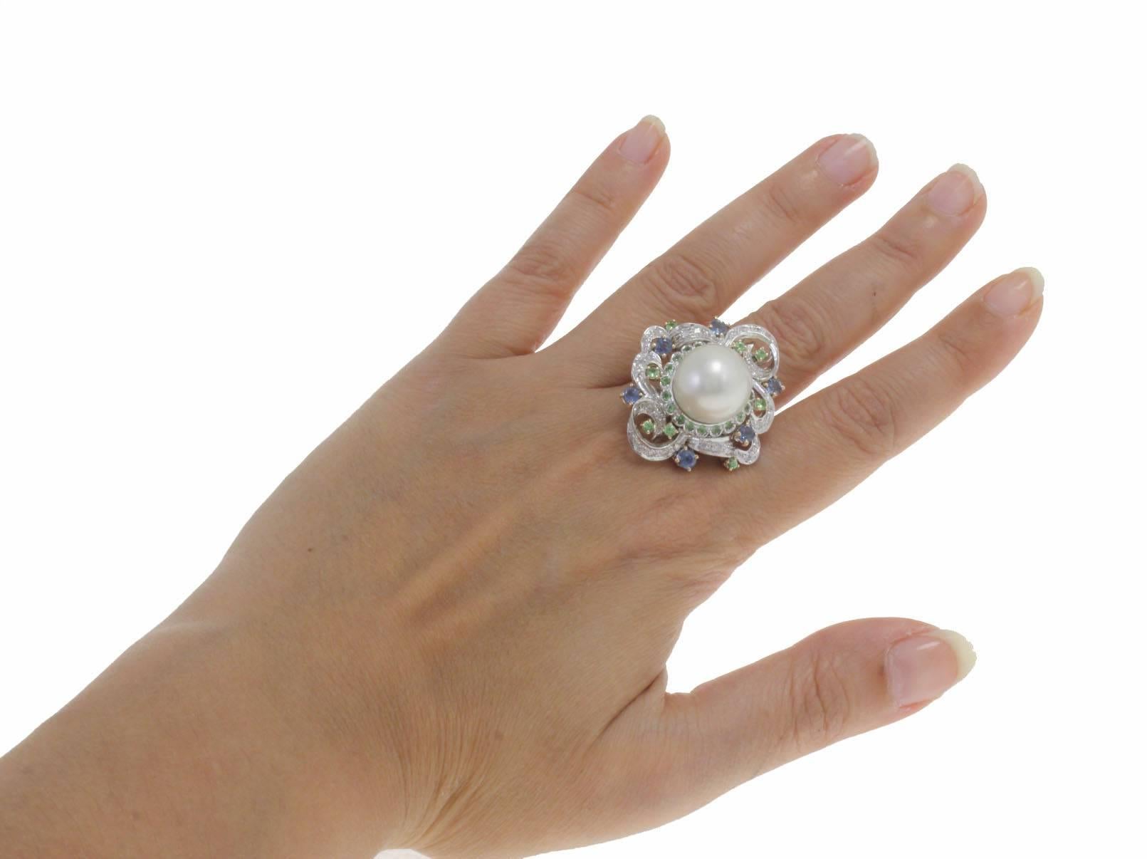 Tsavorite Australian Pearl Blue Sapphire Diamond gold Cluster Ring 1
