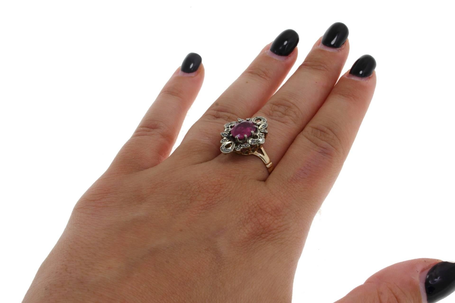 Luise Gold Silver Diamond Ruby Cocktail Ring In Good Condition In Marcianise, Marcianise (CE)