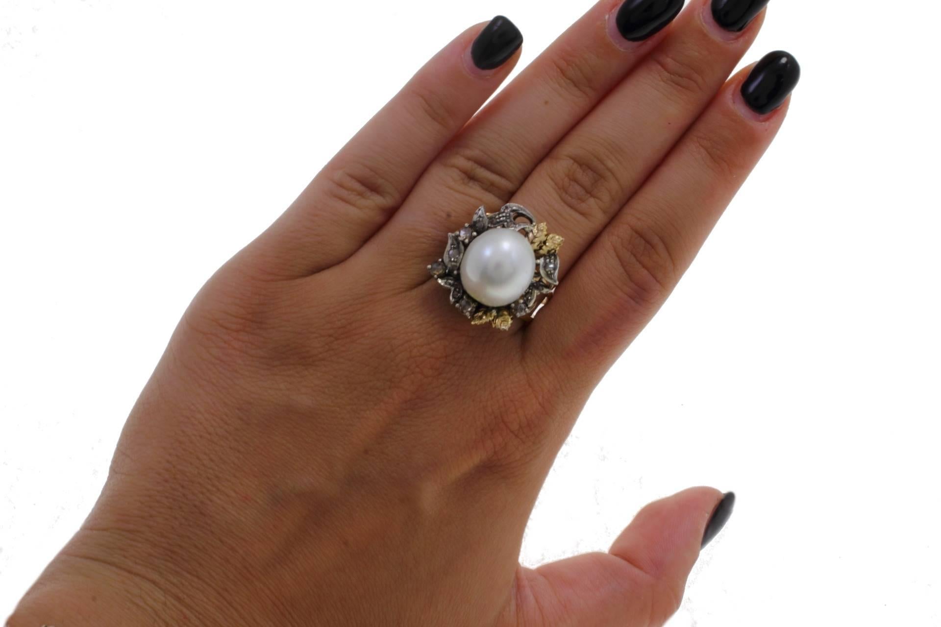 Mixed Cut Gold Silver Diamond Australian Pearl Ring For Sale