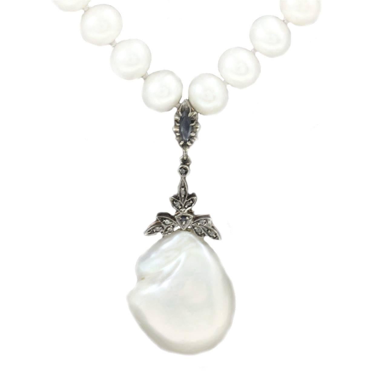 Retro Luise Sapphire Diamond Silver Gold Pearl Necklace