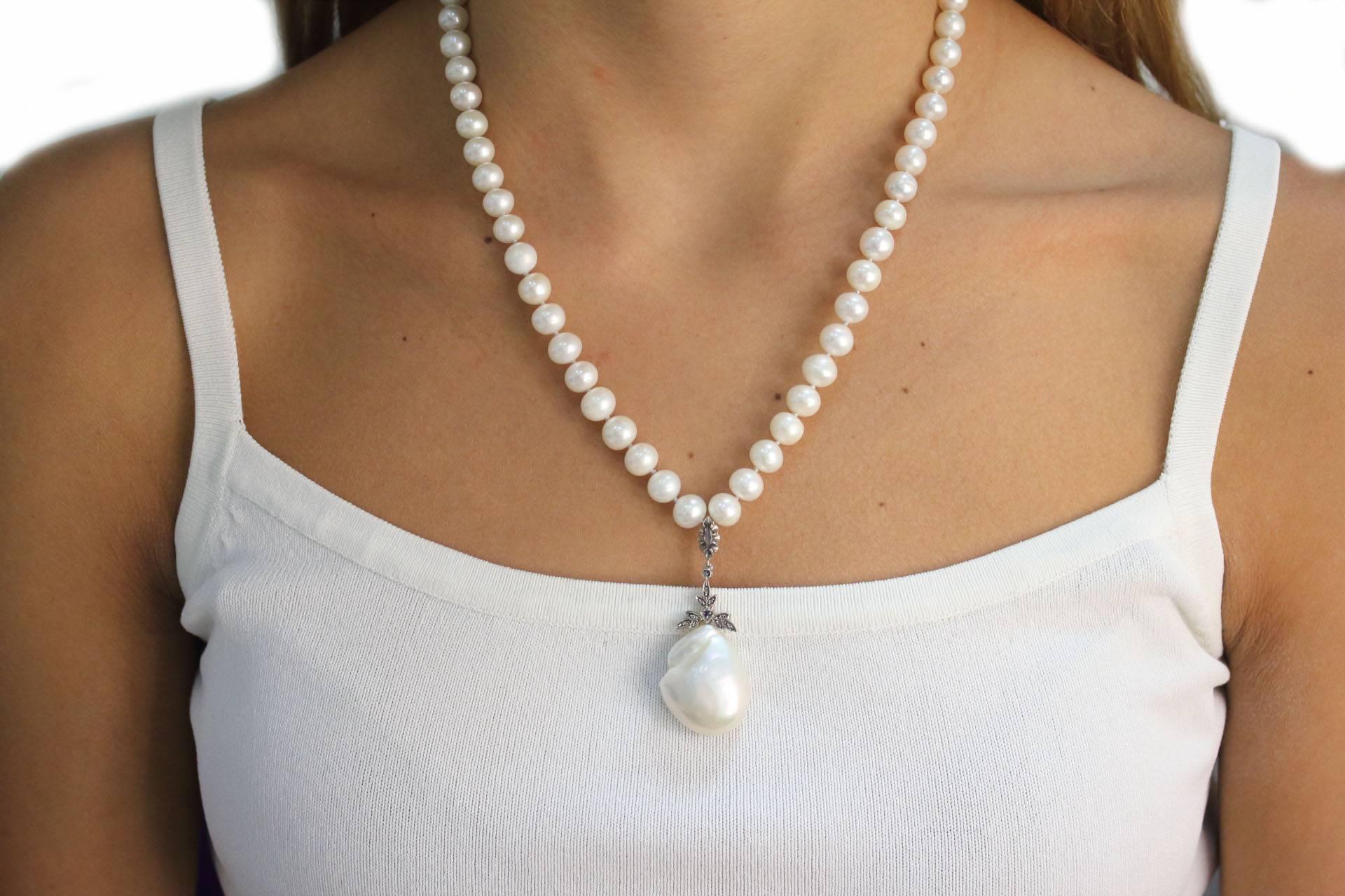 Luise Sapphire Diamond Silver Gold Pearl Necklace In Good Condition In Marcianise, Marcianise (CE)