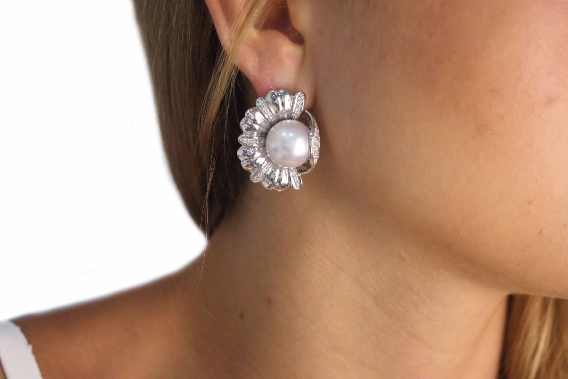 Women's  Platinum Diamond Australian Pearl Earrings