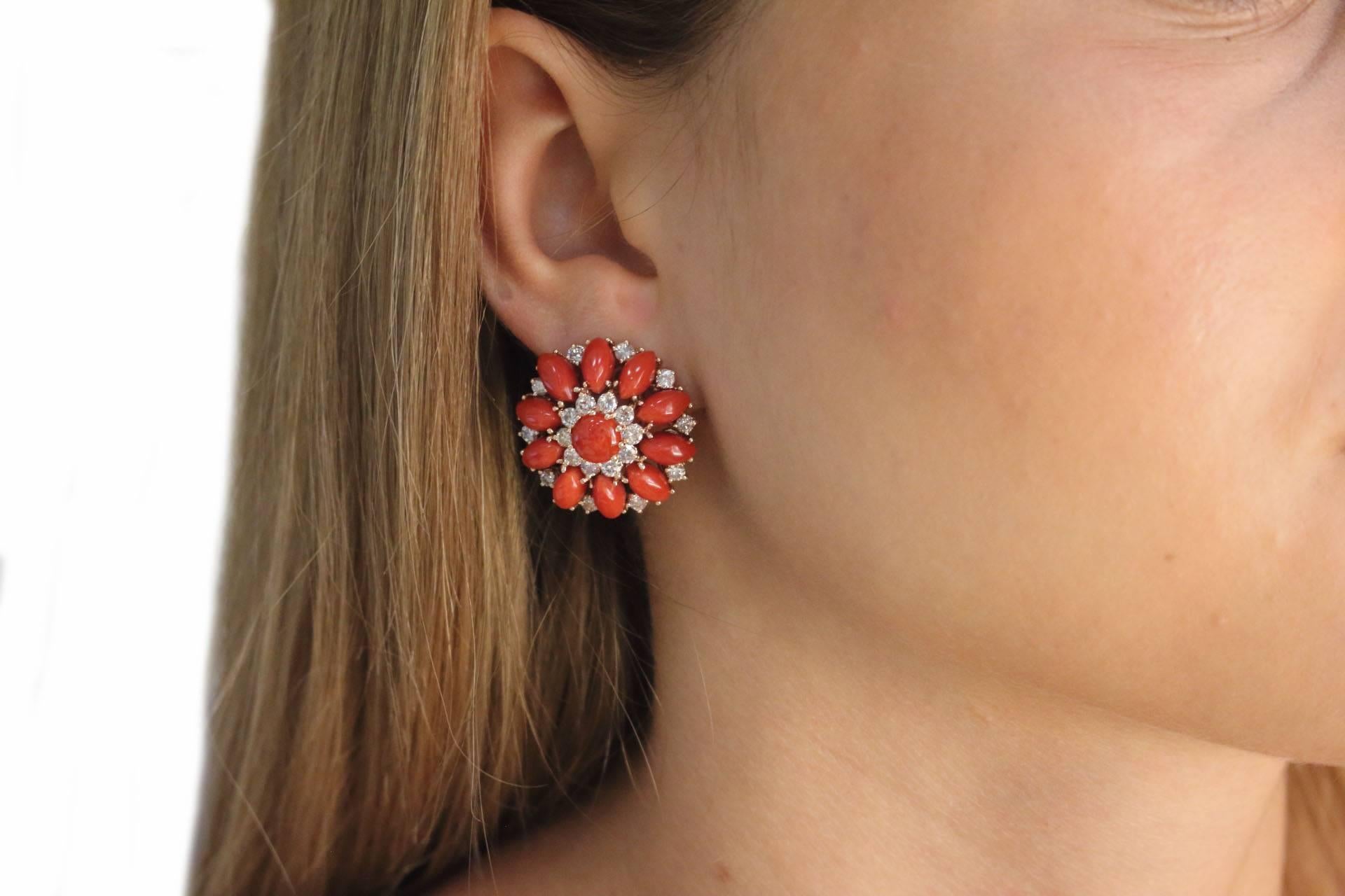 Luise Coral Diamond Gold Earrings In Good Condition In Marcianise, Marcianise (CE)