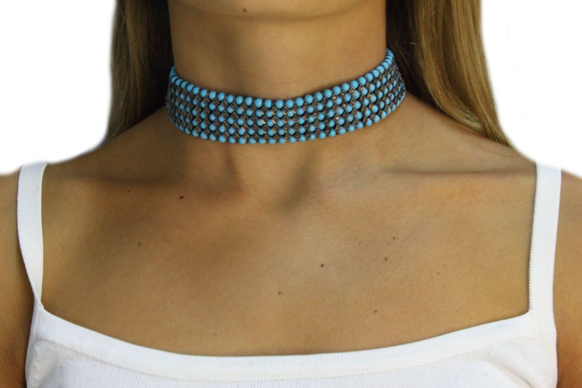 Luise Turquoise Paste Silver Gold Choker Necklace In Good Condition In Marcianise, Marcianise (CE)