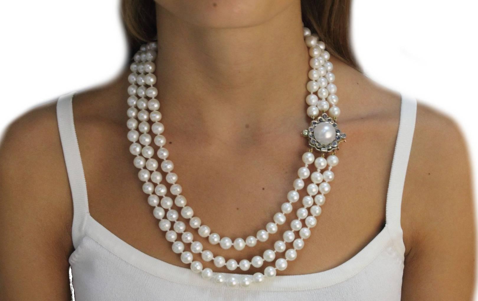 Women's  Pearls Sapphire Gold and Silver  Beaded Necklace