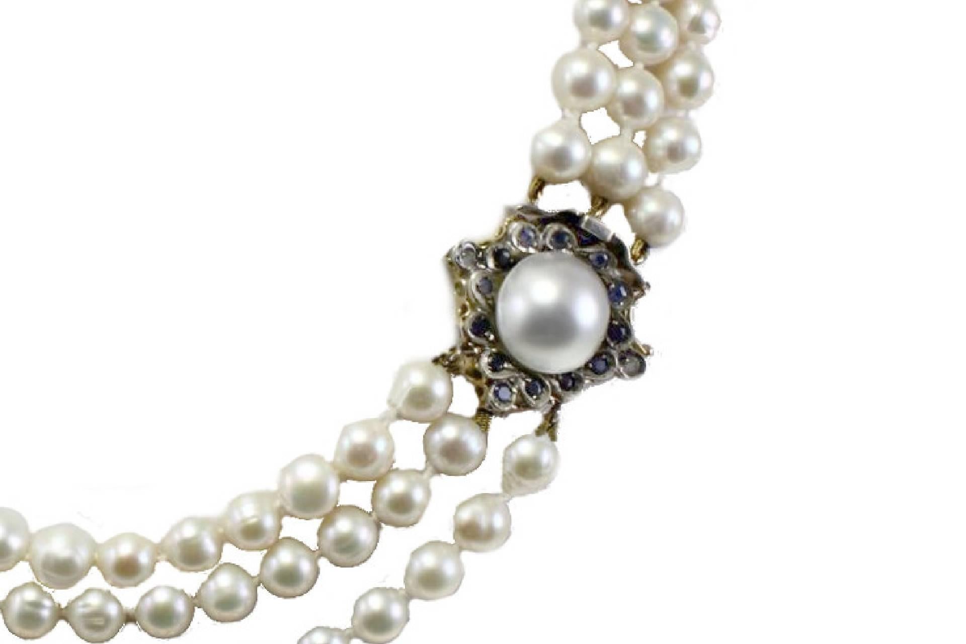 Retro  Pearls Sapphire Gold and Silver  Beaded Necklace