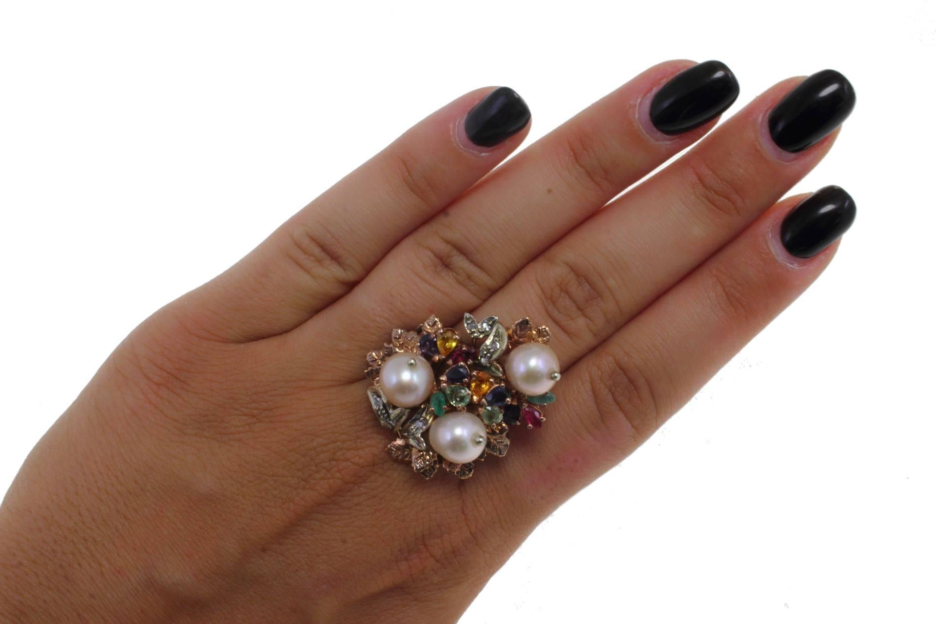 Mixed Cut Ruby Sapphire Topaz Pearl Diamond Silver Gold Cluster Ring