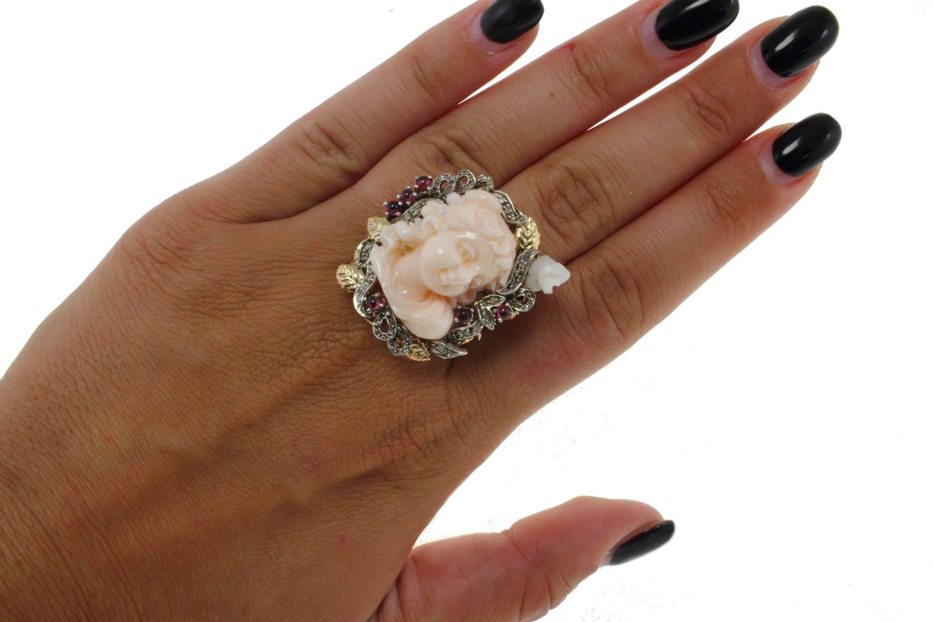  Gold Silver Diamond Garnet Coral Cocktail Ring In Good Condition In Marcianise, Marcianise (CE)