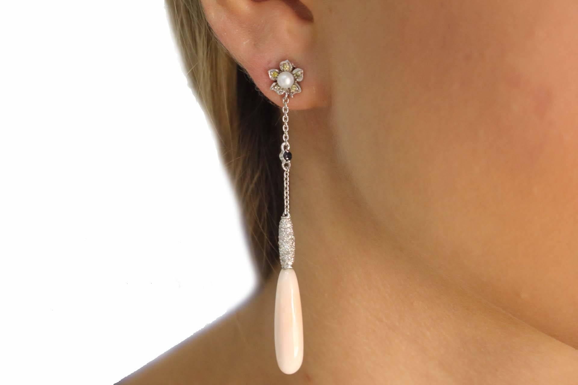 Women's or Men's Luise Coral Pearl Diamond and Fancy Diamond Drop Earrings