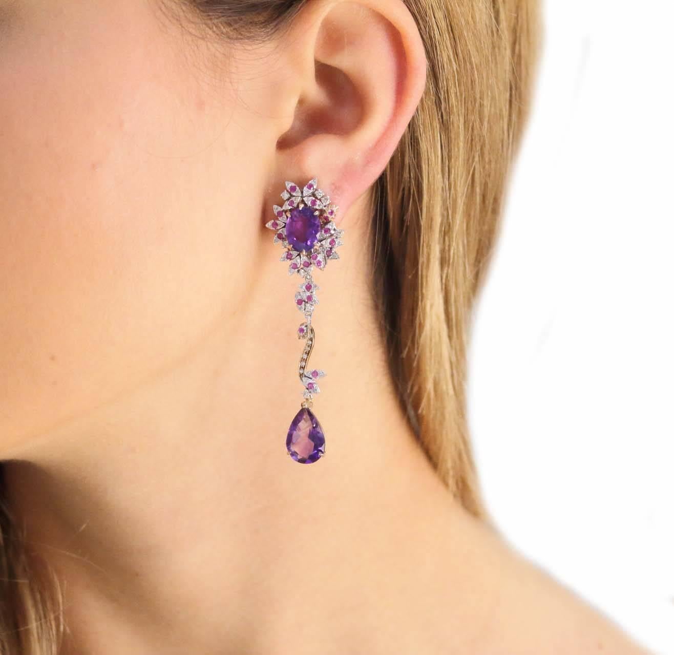  Amethyst Ruby Diamond Rose and White Gold Earrings In Good Condition In Marcianise, Marcianise (CE)