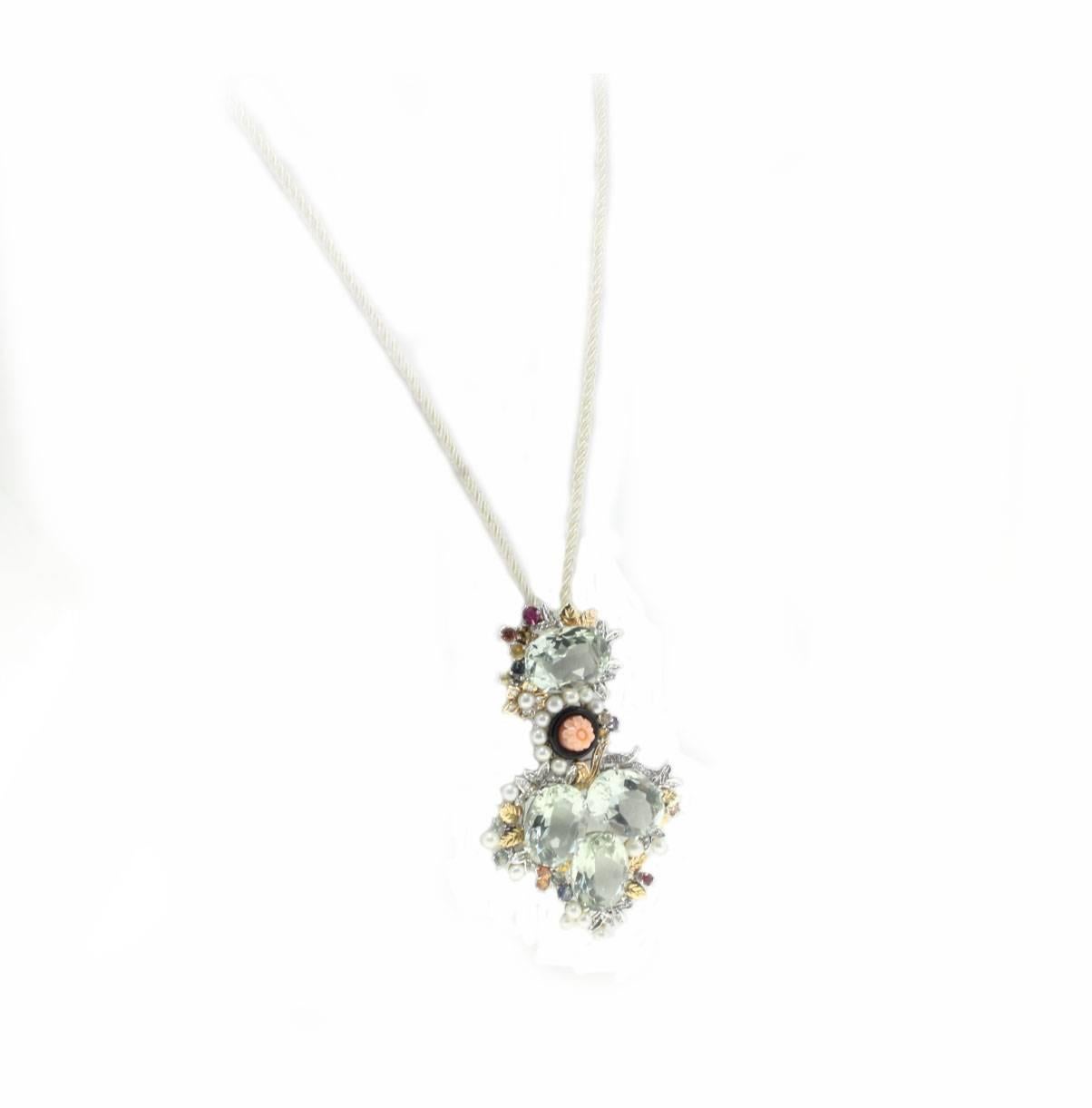 Retro Green Amethysts, Diamonds, Engraved Pink Coral, Onyx, Sapphires, Pearls, Gold Pendant