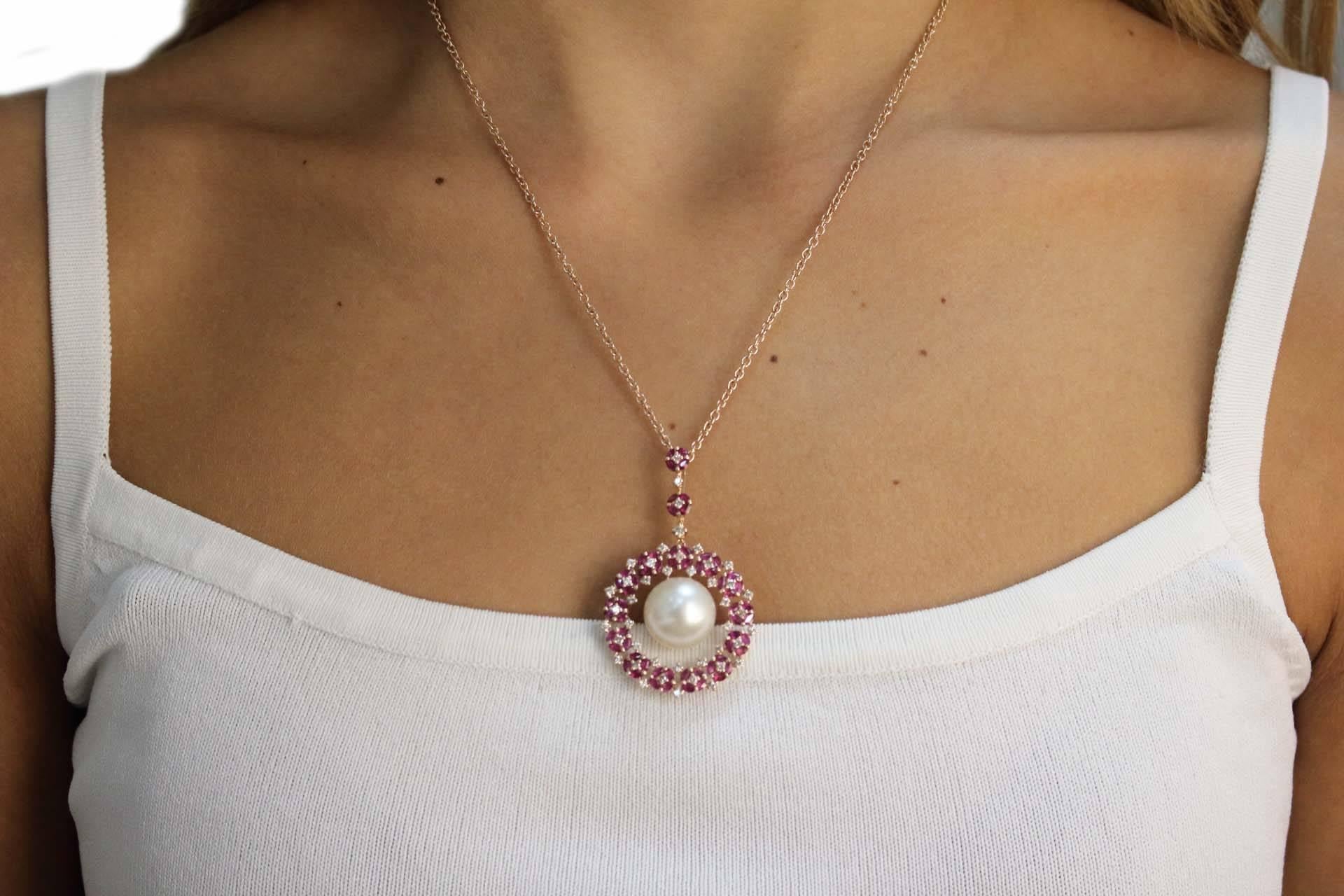 Women's or Men's  Australian Pearl Ruby Diamond Gold Pendant