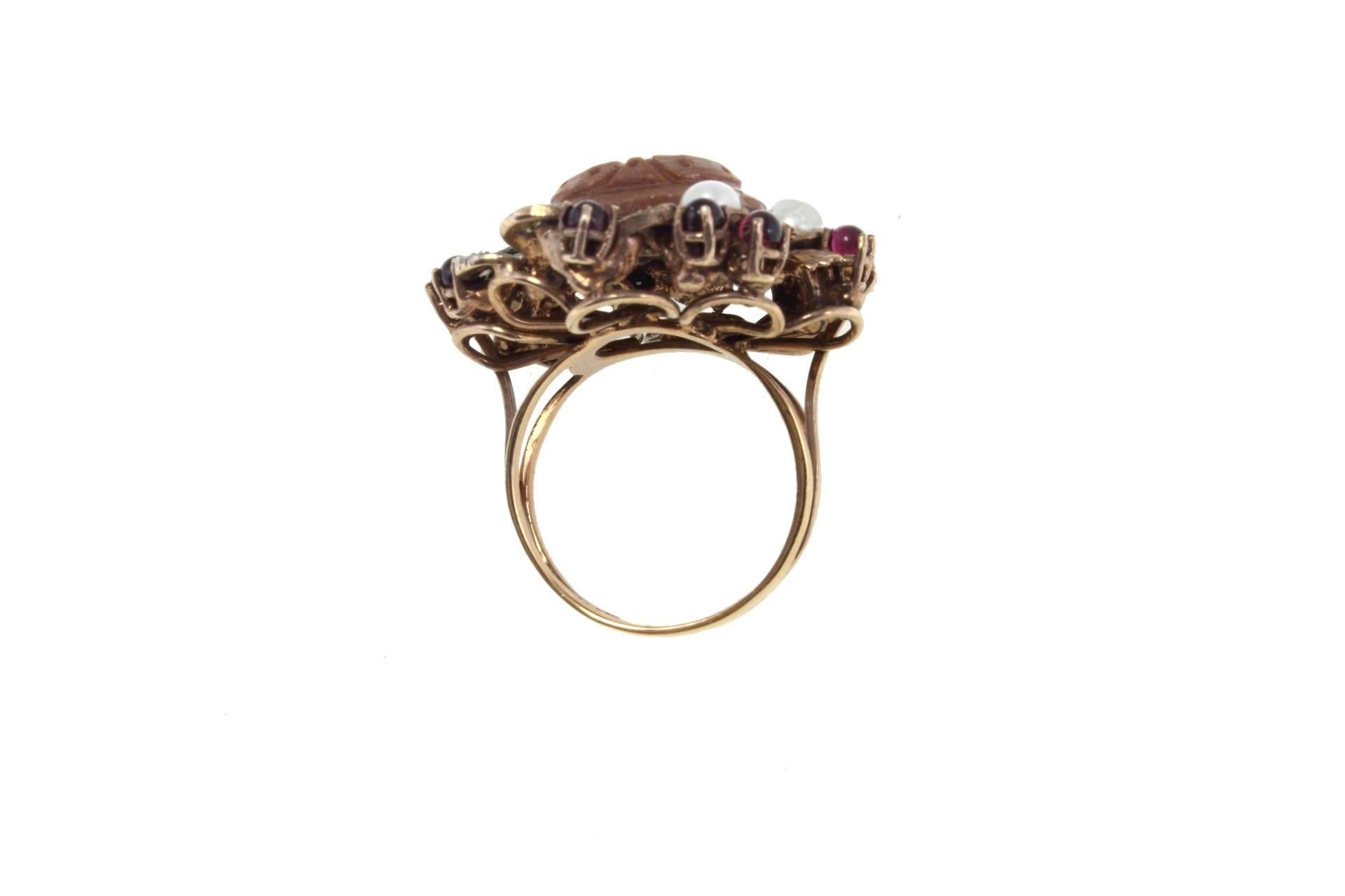 Retro  Gold Silver Diamond Pearl Garnet Lava Stone Ring