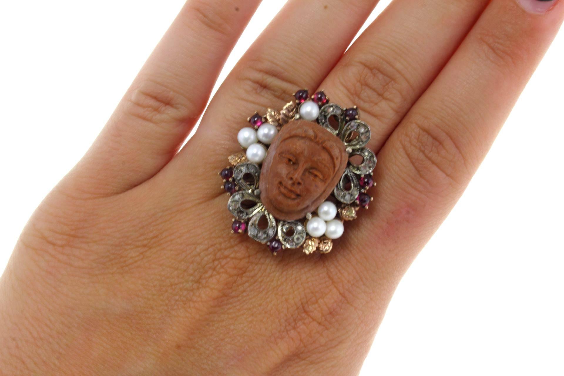 Women's  Gold Silver Diamond Pearl Garnet Lava Stone Ring
