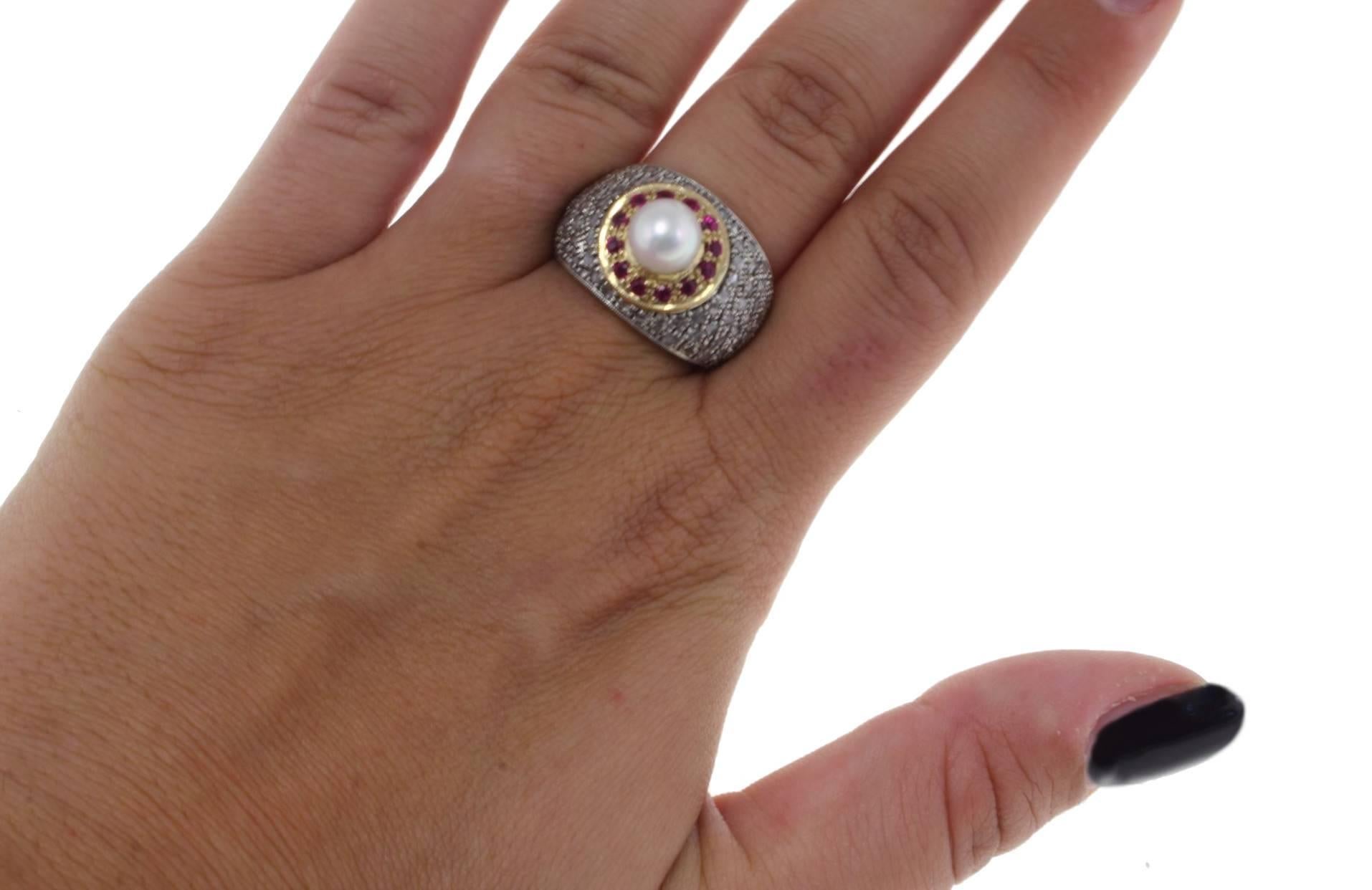 Women's Gold Silver Diamond Ruby Pearl Ring