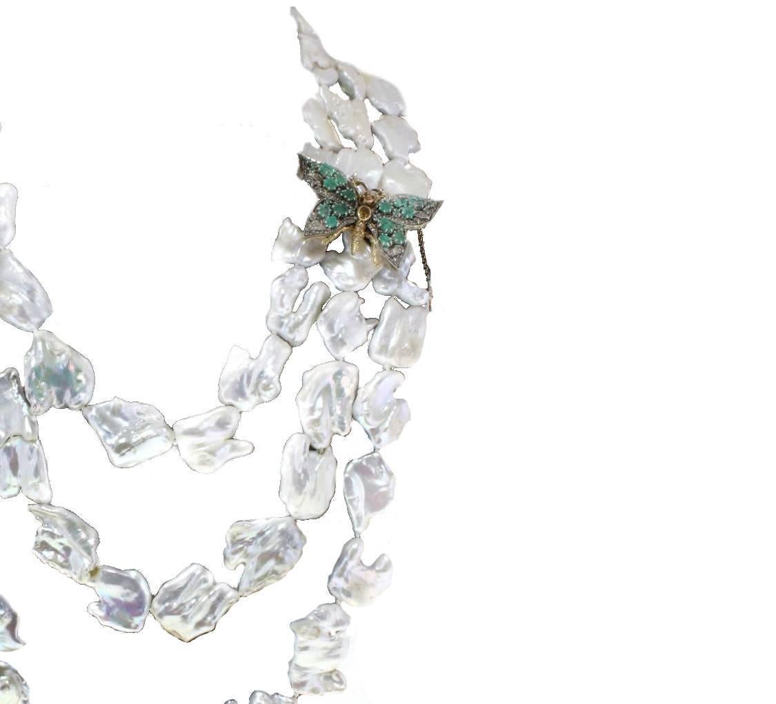 Retro Emerald Topaz Garnet Pearl Silver Gold Necklace For Sale