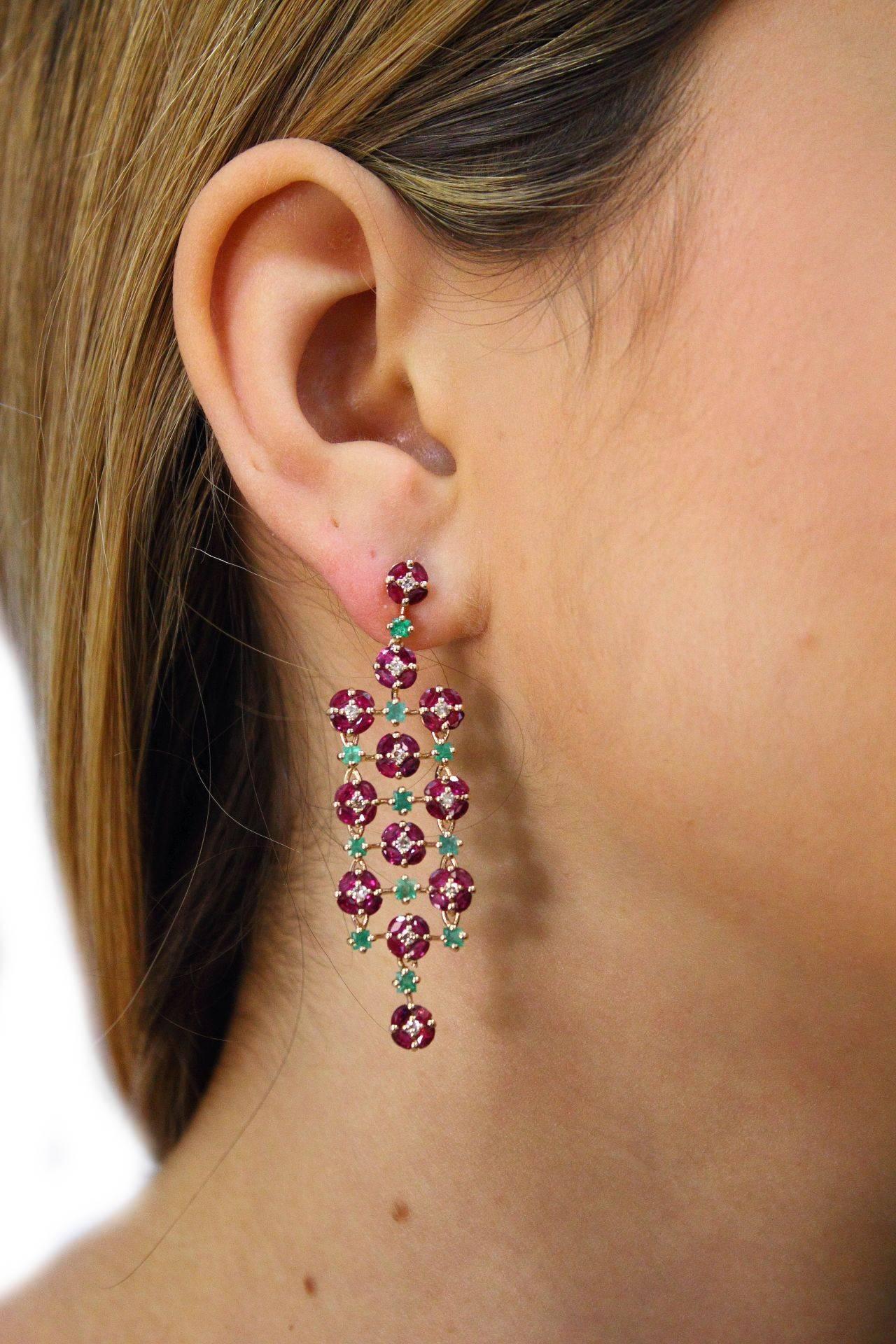 Women's Ruby Emerald Diamond yellow gold Chandelier Earrings