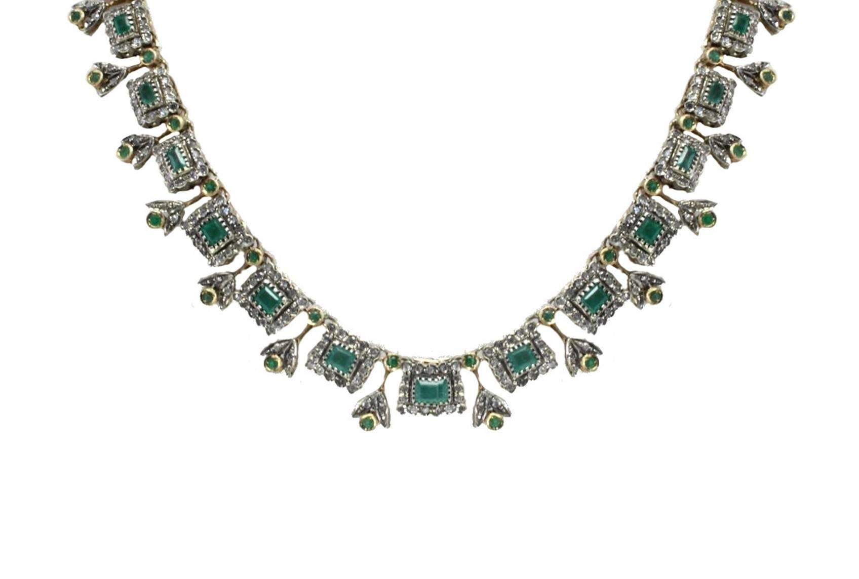 Retro emeralds and old cut diamonds  necklace in 9kt rose gold and silver. Shiny and irresistable. 

diamonds 4.15kt
emeralds  7.04kt
tot weight 36.4gr
r.f.   euue