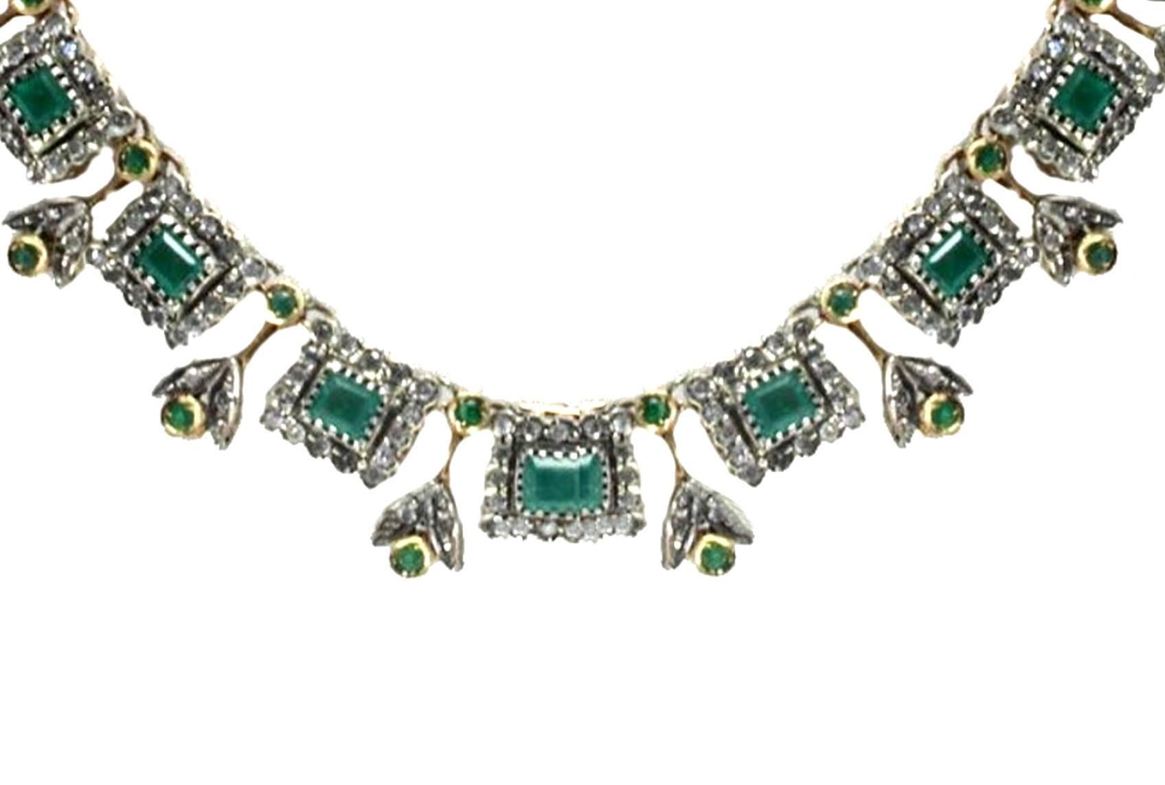 Retro Luise Old Cut Emerald Diamond Silver Gold Necklace