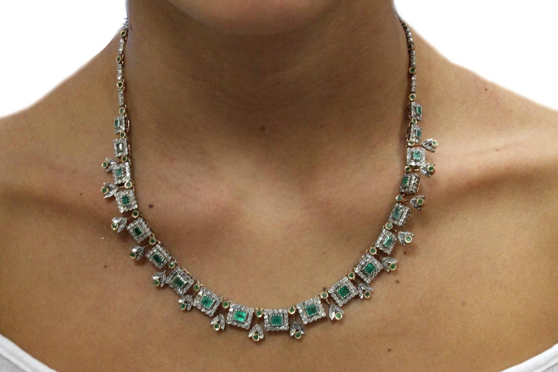Luise Old Cut Emerald Diamond Silver Gold Necklace 1