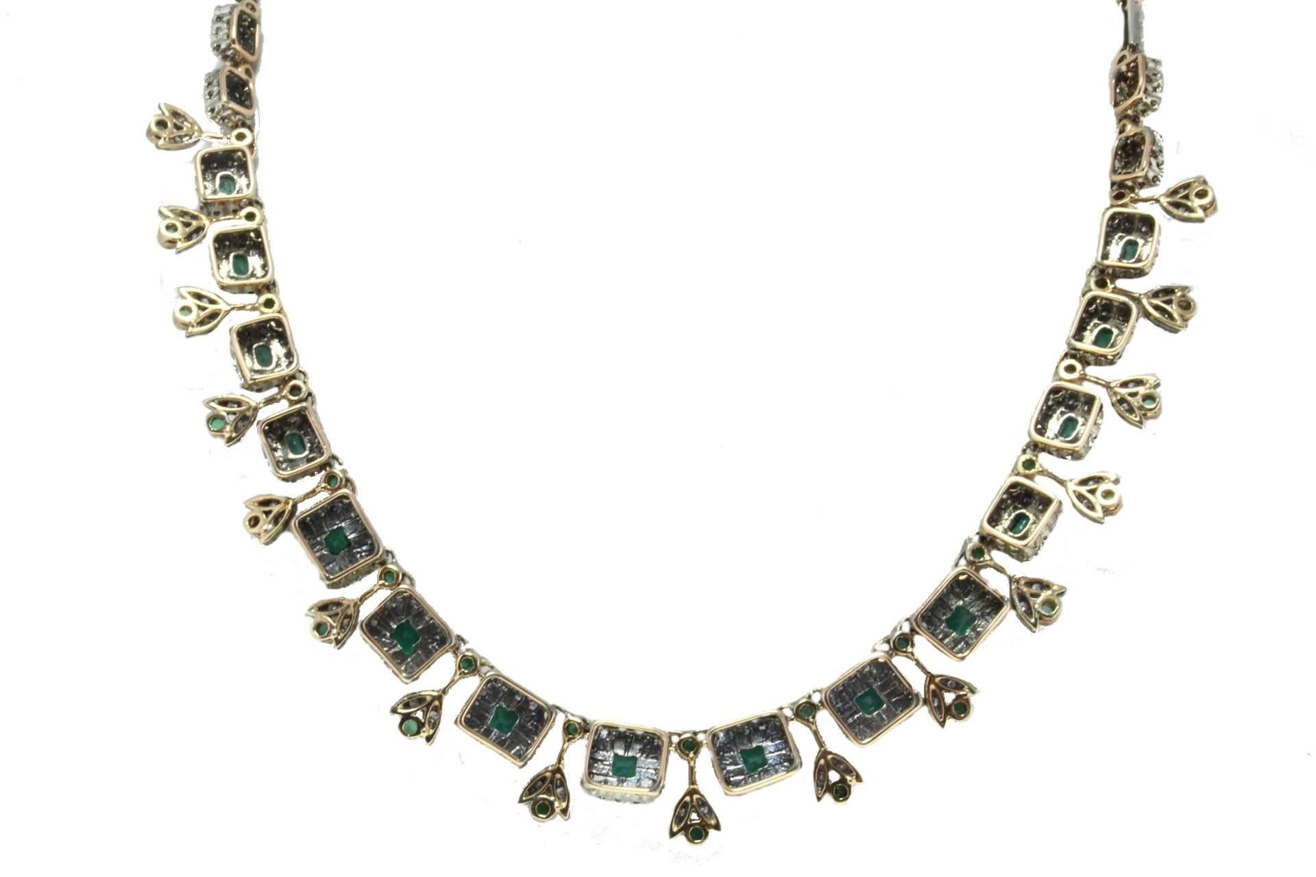 Luise Old Cut Emerald Diamond Silver Gold Necklace In Good Condition In Marcianise, Marcianise (CE)