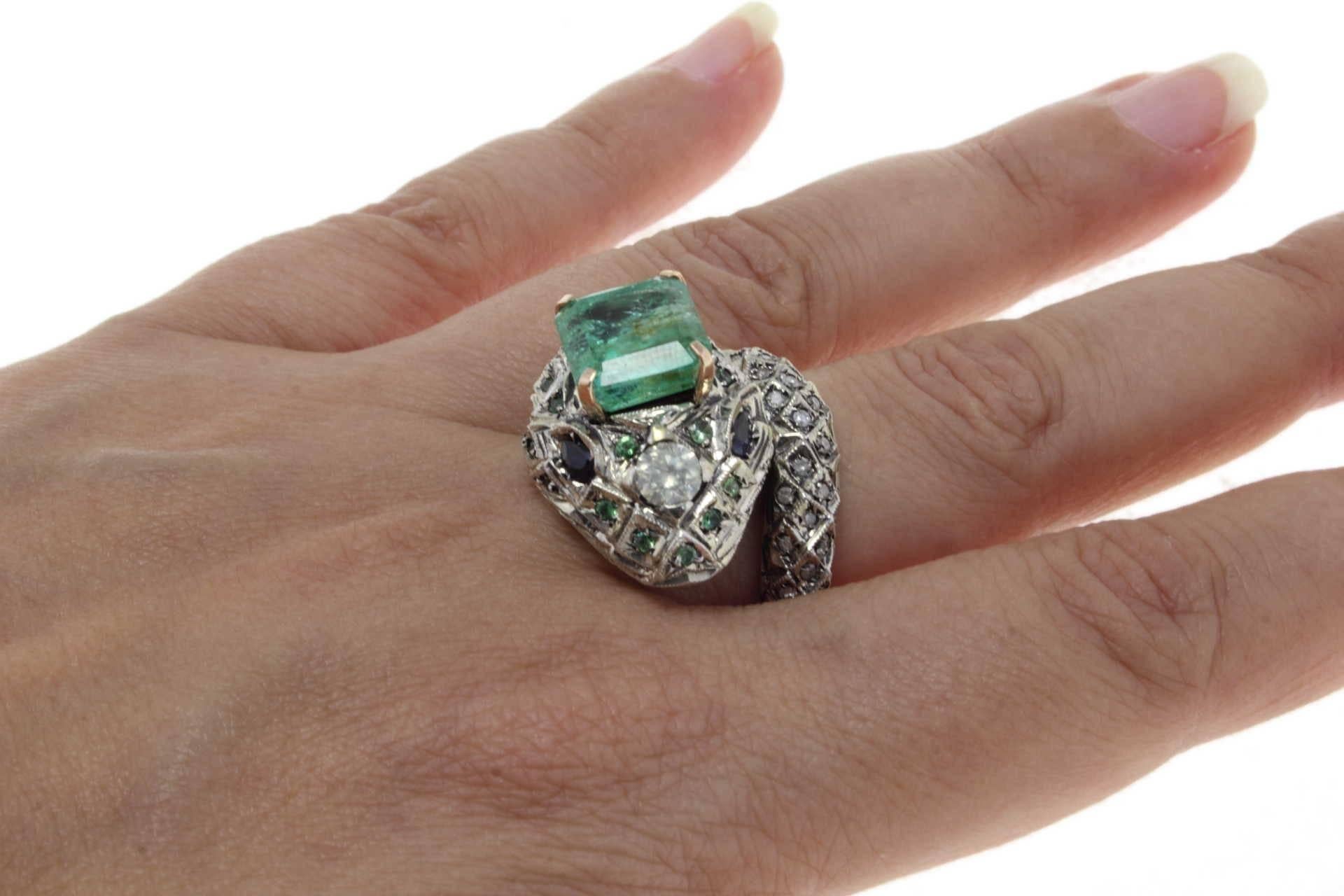 Retro  Emerald Diamond Blue Sapphire  Tsavorite Snake rose gold and silver Ring