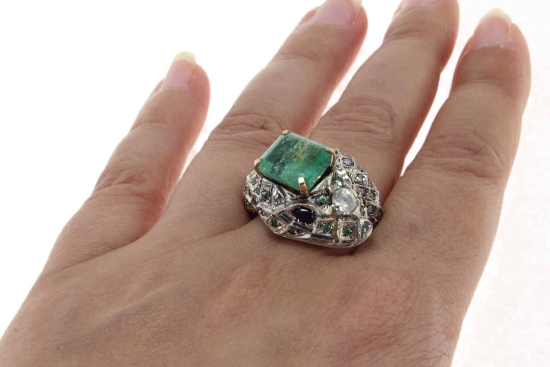  Emerald Diamond Blue Sapphire  Tsavorite Snake rose gold and silver Ring In Good Condition In Marcianise, Marcianise (CE)