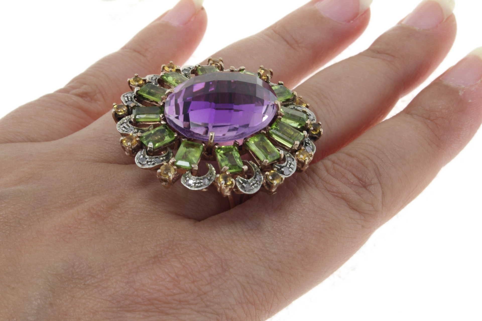  Rose Gold Amethystt Peridot Topaz Diamond Ring In Good Condition In Marcianise, Marcianise (CE)