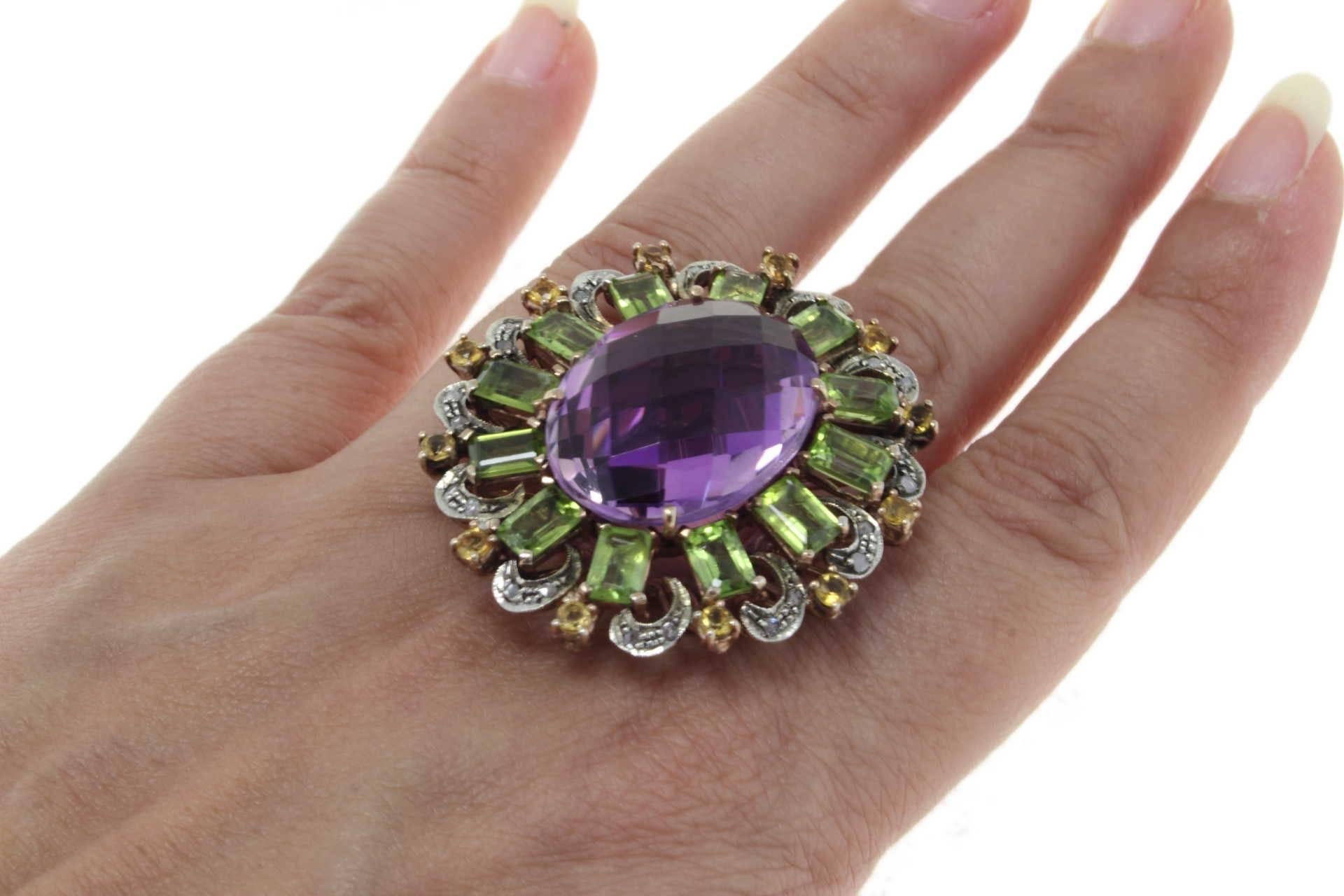 Women's or Men's  Rose Gold Amethystt Peridot Topaz Diamond Ring