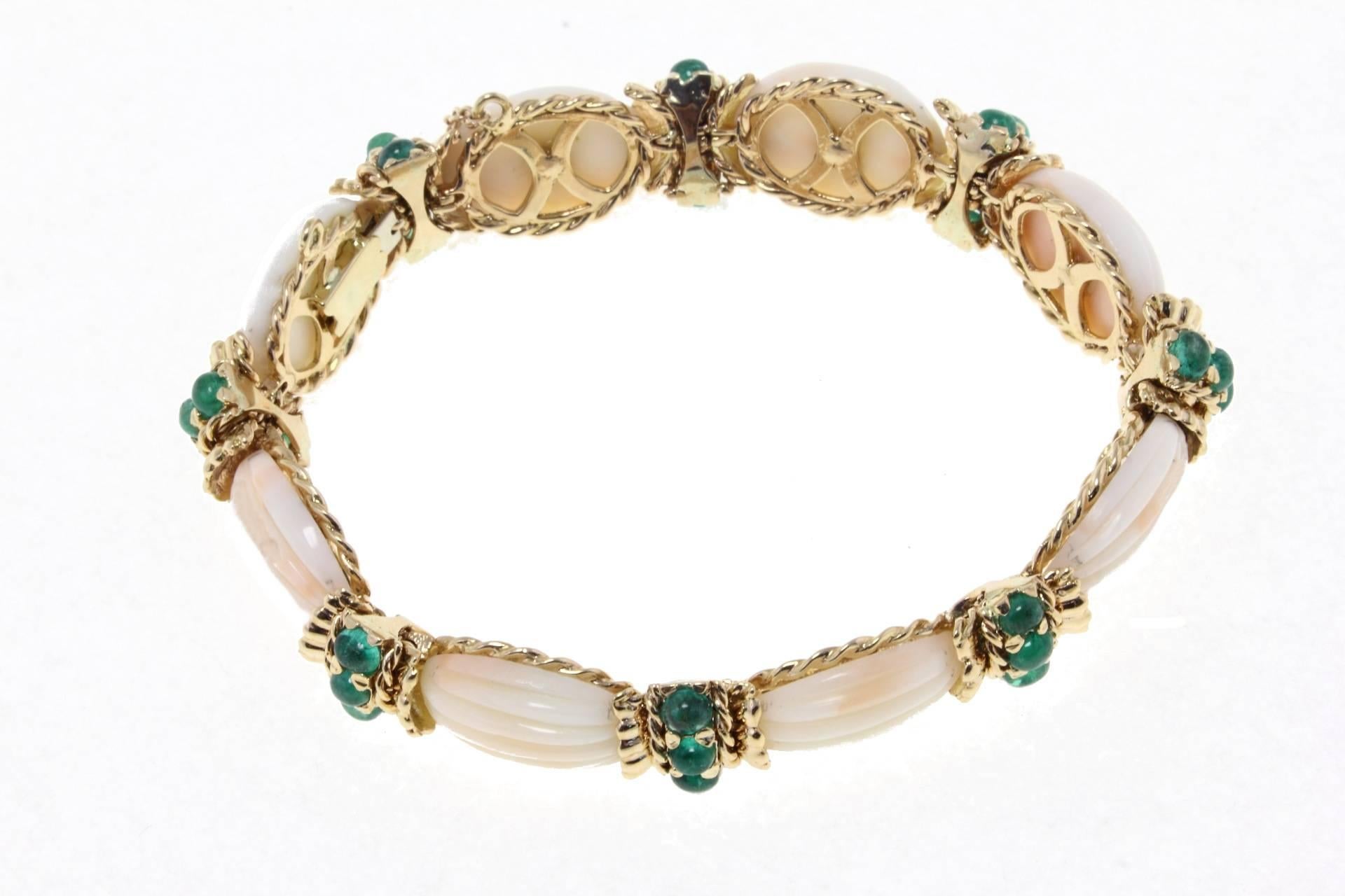 Retro Emeralds, Engraved Pink Corals, 14K Rose Gold Retrò Link Bracelet