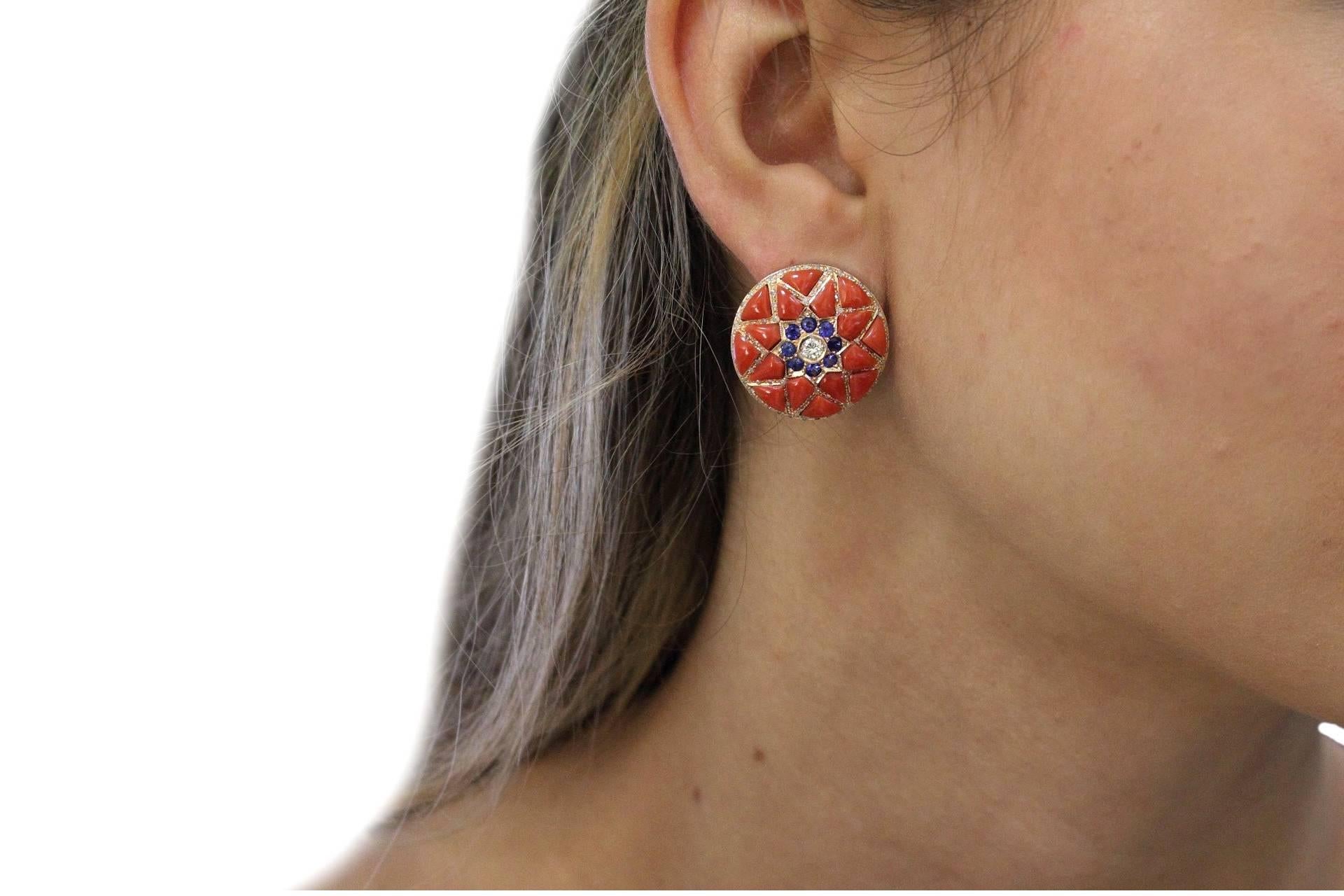 Retro Diamonds, Blue Sapphire Flowers, Red Coral Flowers, Rose Gold Clip-on Earrings