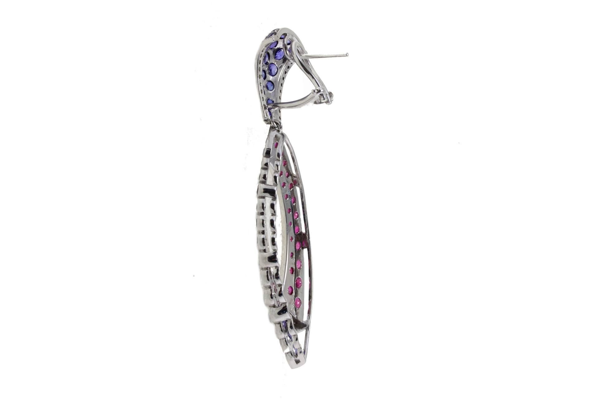 Round Cut Gold Diamond Sapphire Ruby Drop Gold Earring For Sale
