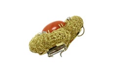 White Diamonds, Oval Shape Red Coral, 18K Yellow Gold Flower Design Brooch