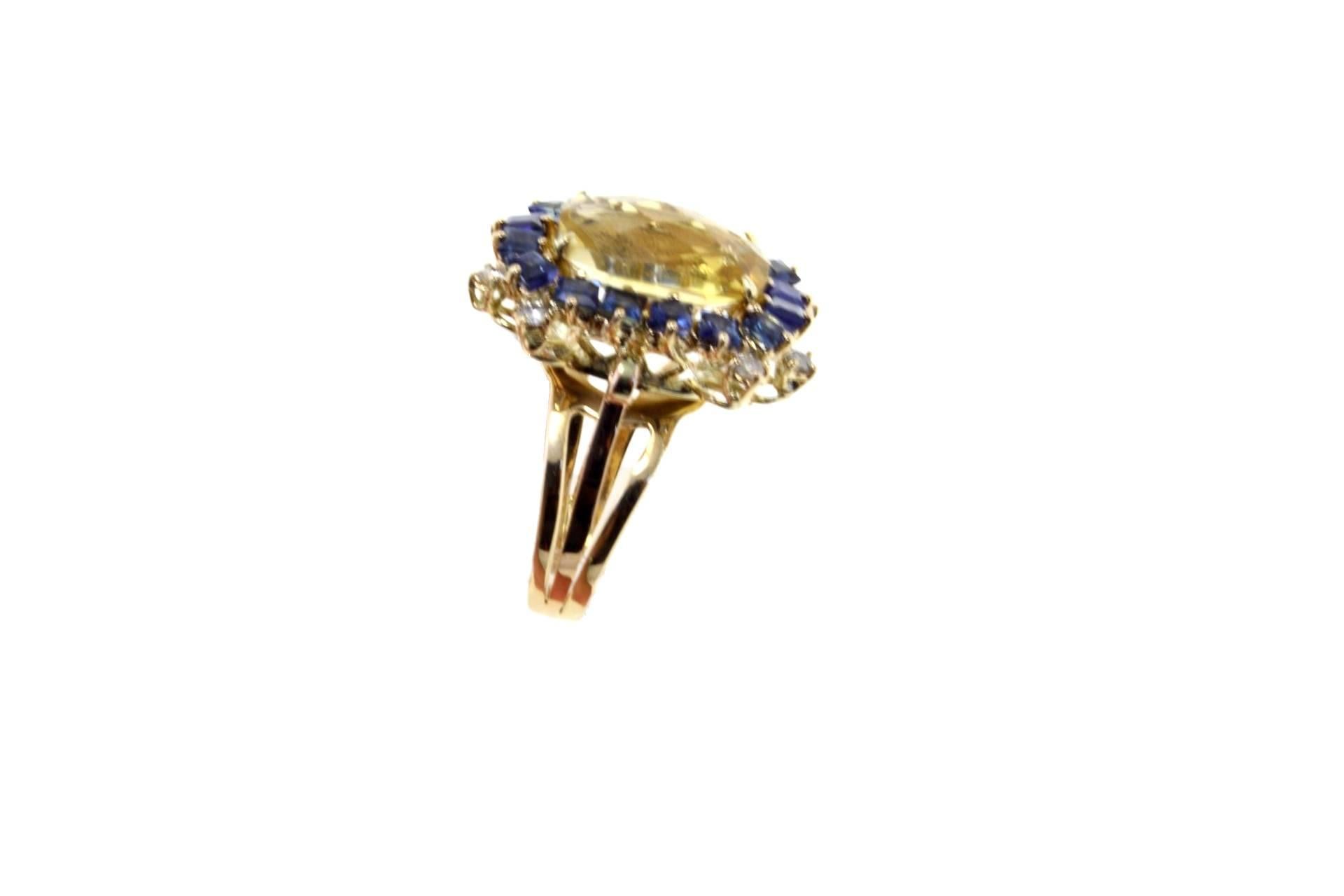Topaz ring in 14kt rose gold embellished with a crown of blue sapphires and diamonds.

tot weight 8.3gr
r.f.  ugha