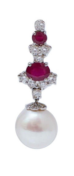 14 Mm Pearls, Diamonds, Rubies, Platinum Earrings.