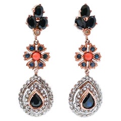 Sapphires, Coral, Diamonds, Rose Gold and Silver Earrings.