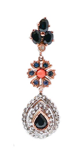 Sapphires, Coral, Diamonds, Rose Gold and Silver Earrings.