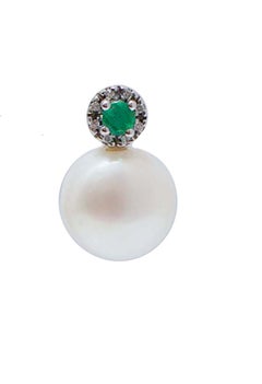 13 Mm Pearls, Emeralds, Diamonds, 14 Karat White Gold Earrings.