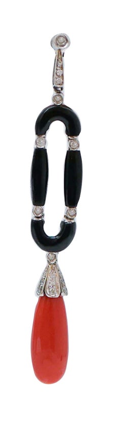 Coral, Black Agate, Diamonds, Platinum Earrings.
